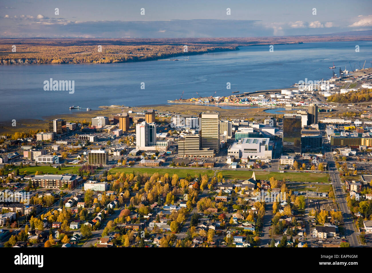 Aerial View Of The Anchorage Skyline During Autumn, Southcentral Alaska ...