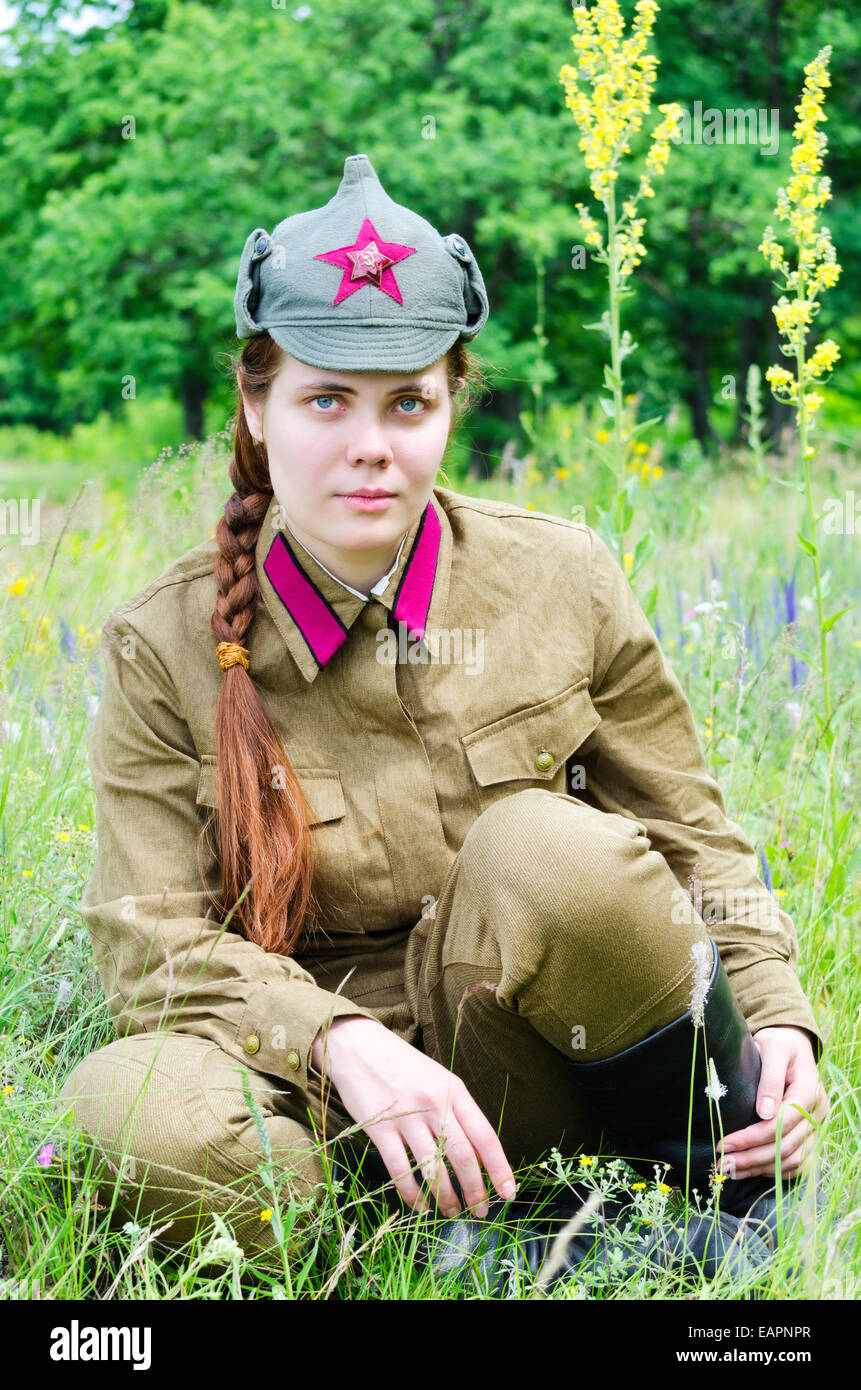 the girl in the form of a red army soldier Stock Photo