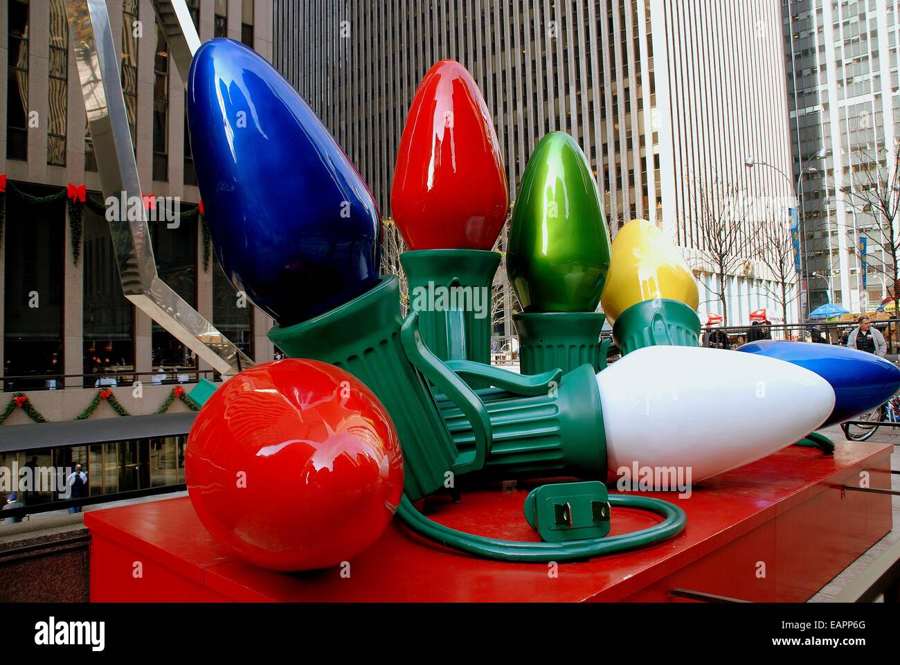 NYC:  A Christmas lights sculpture display in front of corporate office towers on the Avenue of the Americas Stock Photo