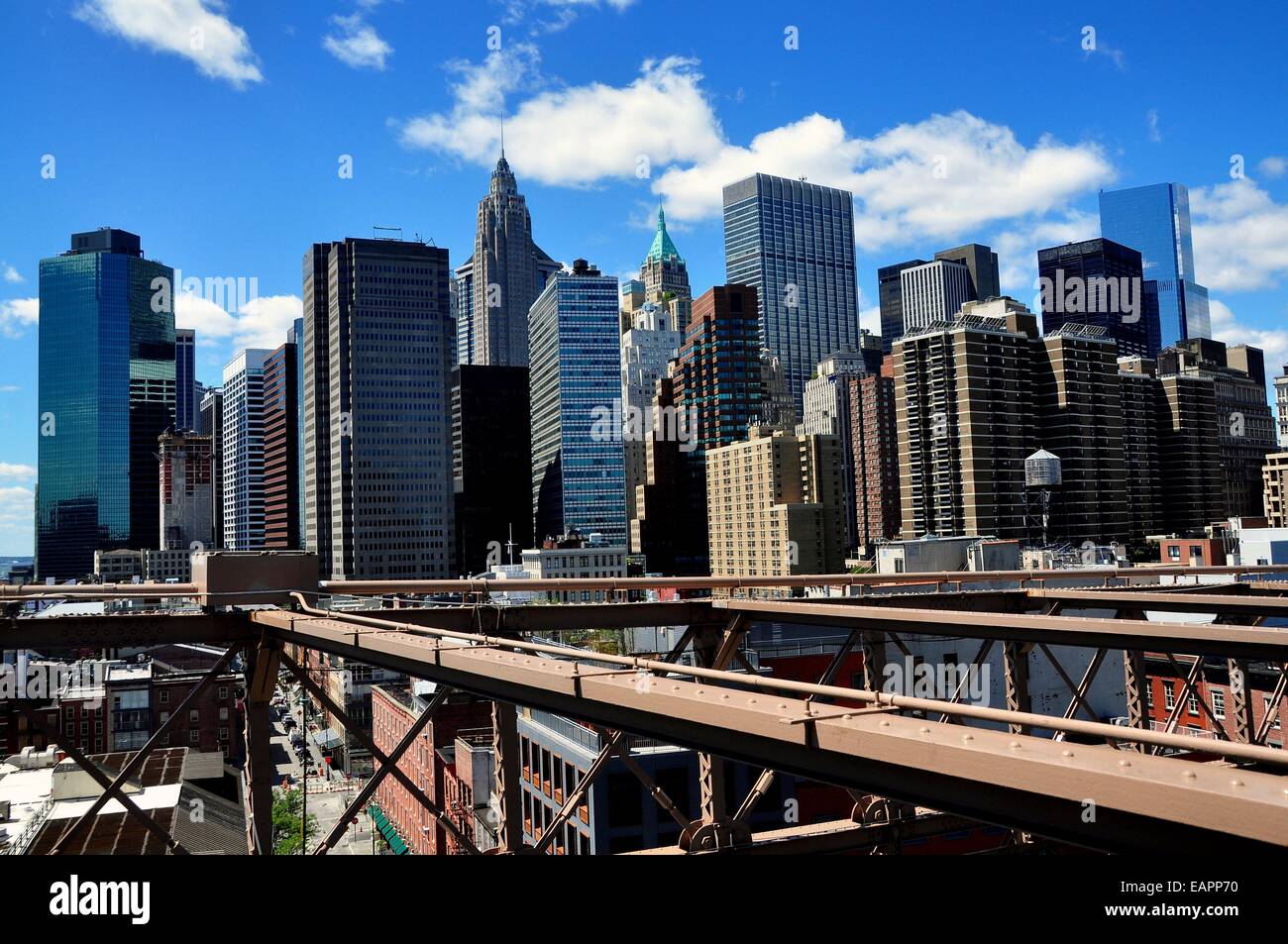 NYC:  Skyline of the Financial District centered around Wall Street in lower Manhattan seen from the Brooklyn Bridge Stock Photo