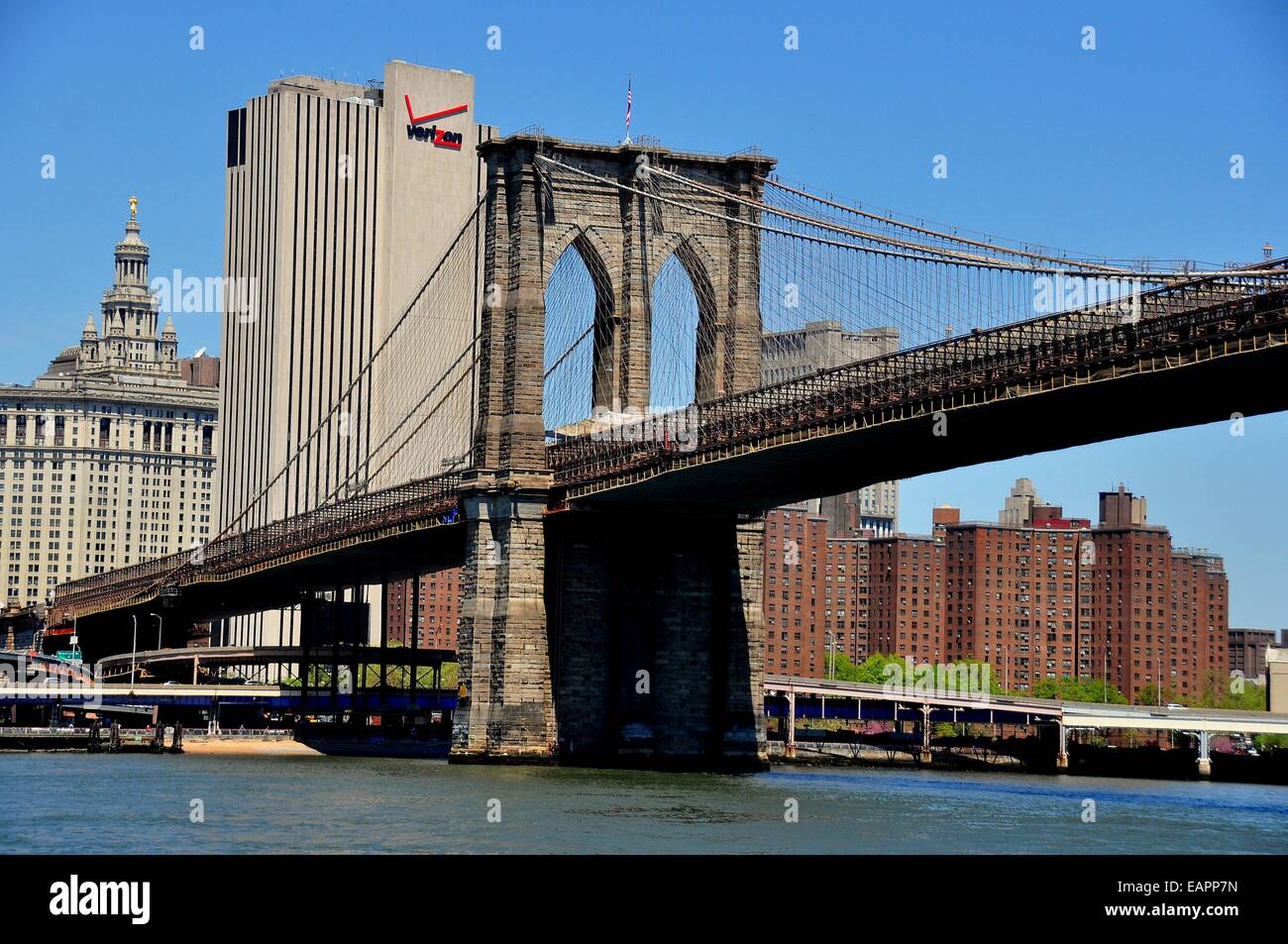 NYC The West Tower of the Brooklyn Bridge and the Verizon telephone