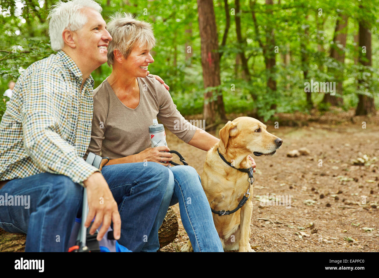 Relaxed senior couple sitting with dog in a forest during a hiking trip ...