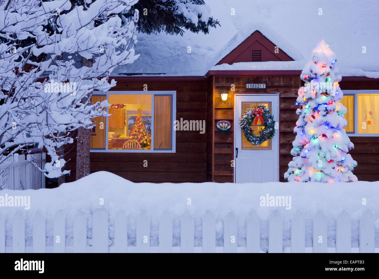Family Home Covered In Snow With A Lit Christmas Tree In The Yard In
