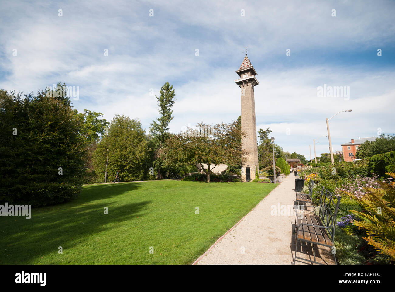 A tower still remains at the Shakespearean gardens formerly the site of an old woolen mill in Stratford Ontario Canada Stock Photo