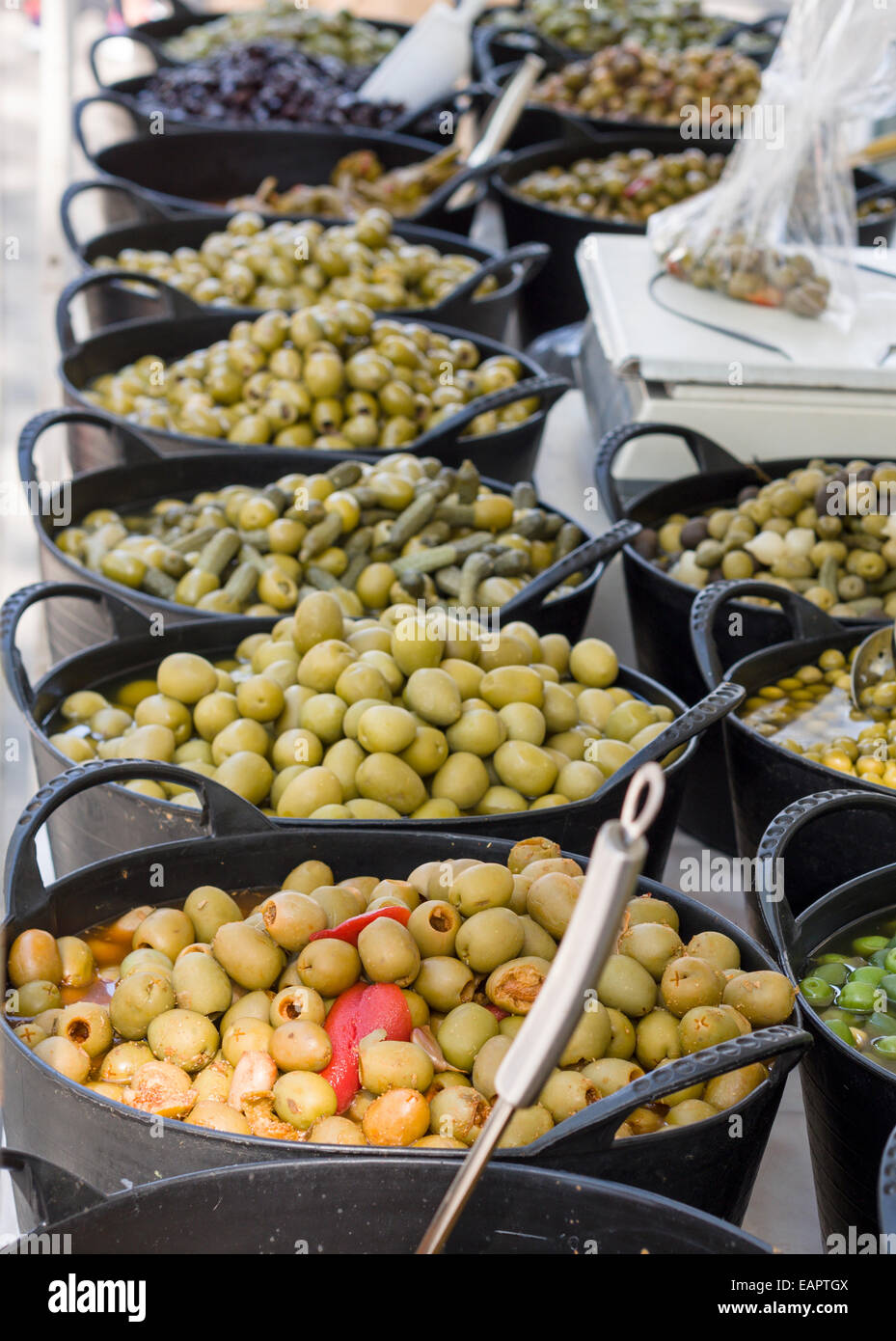 Buckets of Olives at a street vendor's stall. Large buckets of fresh