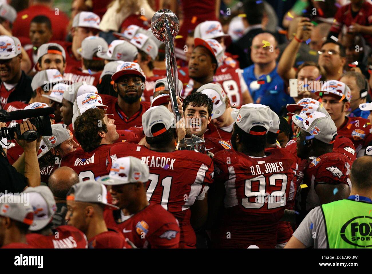 Bowl. 6th Jan, 2012. Arkansas defensive end Jake Bequette 91 and team