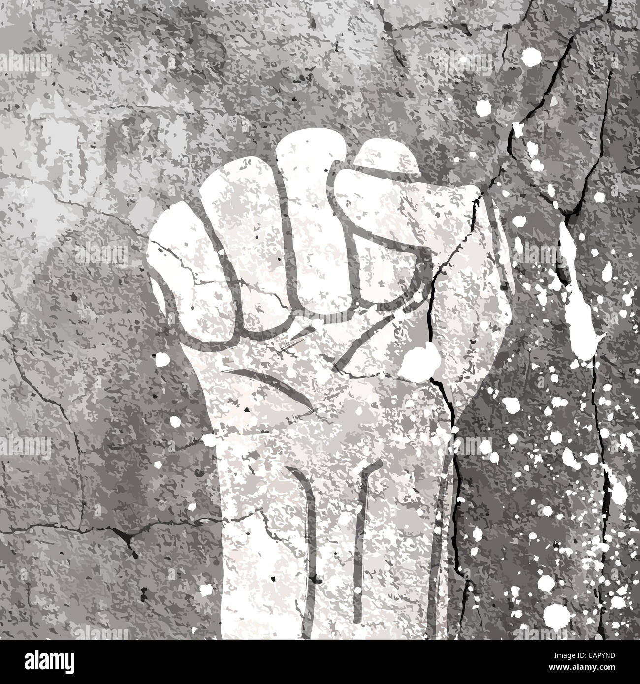 Grunge fist illustration on concrete texture with white splashes. Vector Stock Photo
