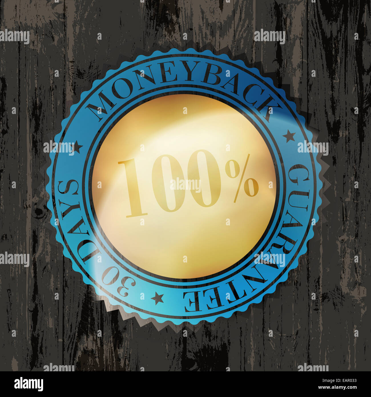 Moneyback Guaranteed Label with Gold Badge Sign on Wooden Texture Stock Photo