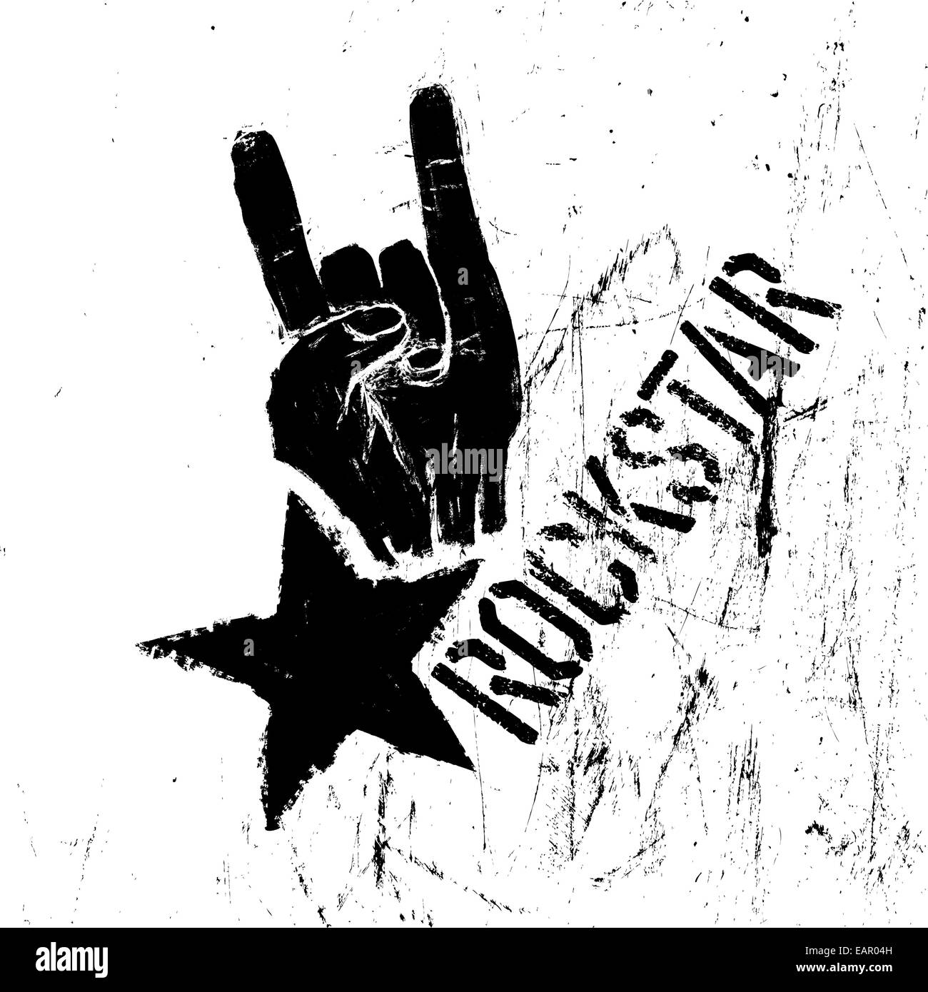 Rockstar symbol with sign of the horns gesture. Vector template with scratched texture. Stock Photo