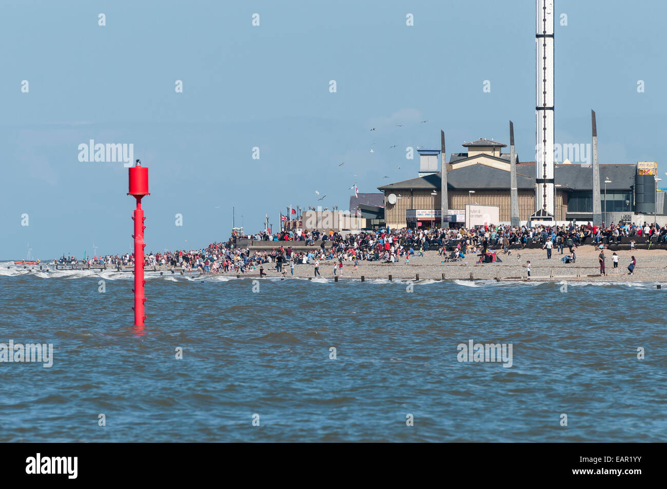 Rhyl Air Show August 31st 2014 showing sky tower and Rhyl beach with spectators. Stock Photo