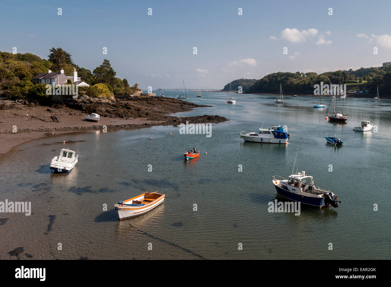 View towards Ynys Gaint and bangor pier on the Menai Strait Anglesey North Wales Stock Photo