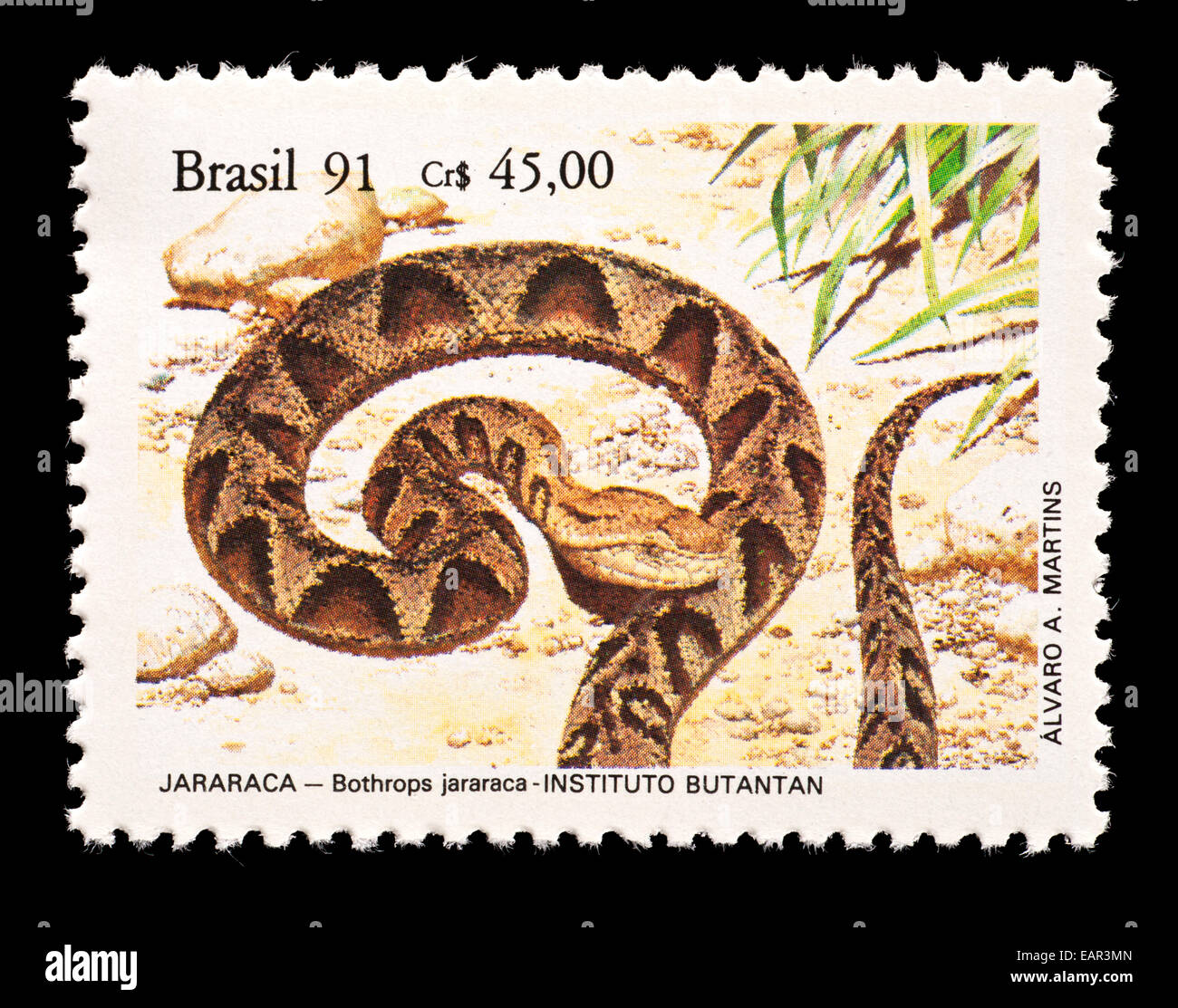 Postage stamp from Brazil depicting a jararaca (Bothrops jararaca) Stock Photo