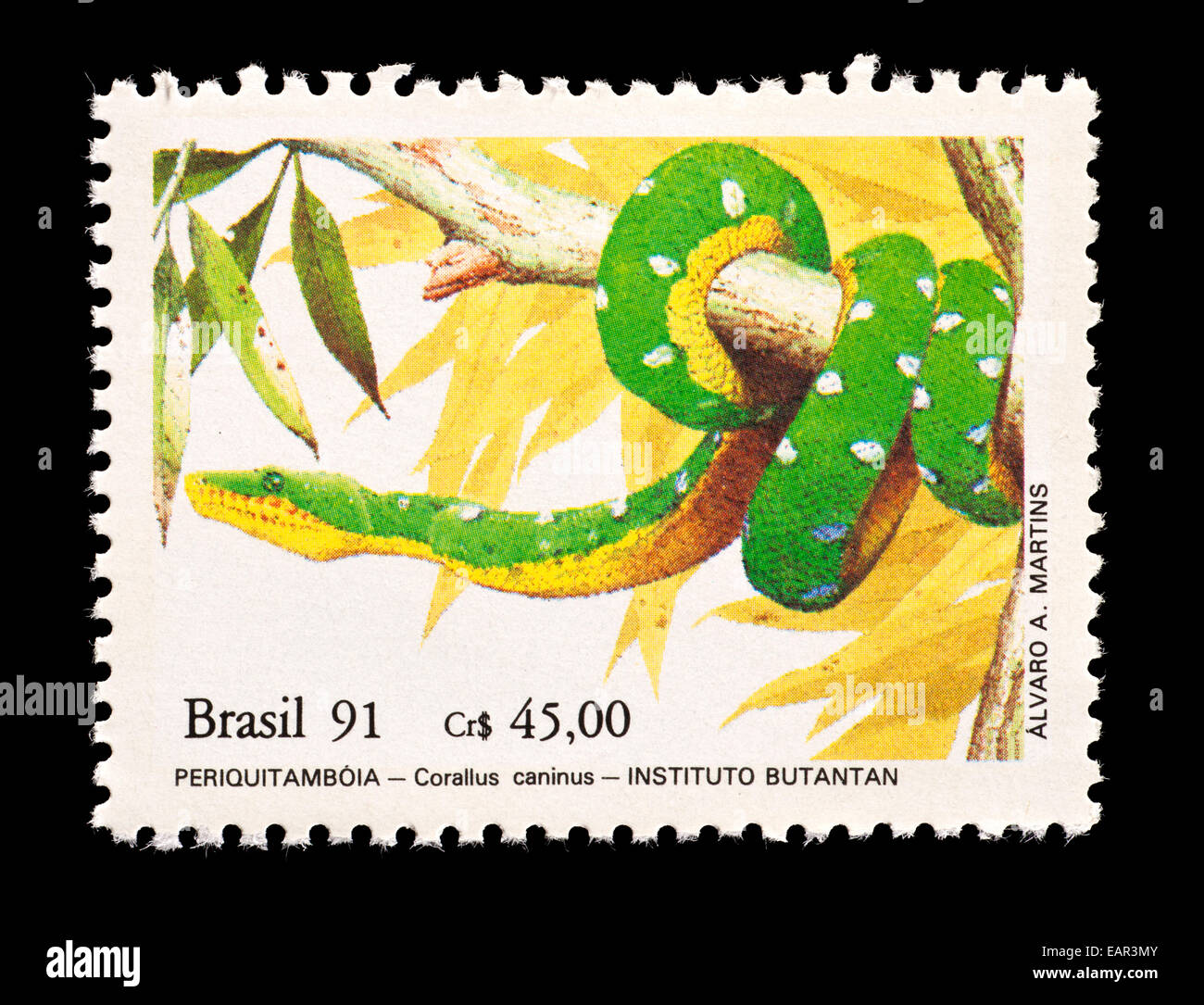 Postage stamp from Brazil depicting emerald tree boa (Corallus caninus) Stock Photo