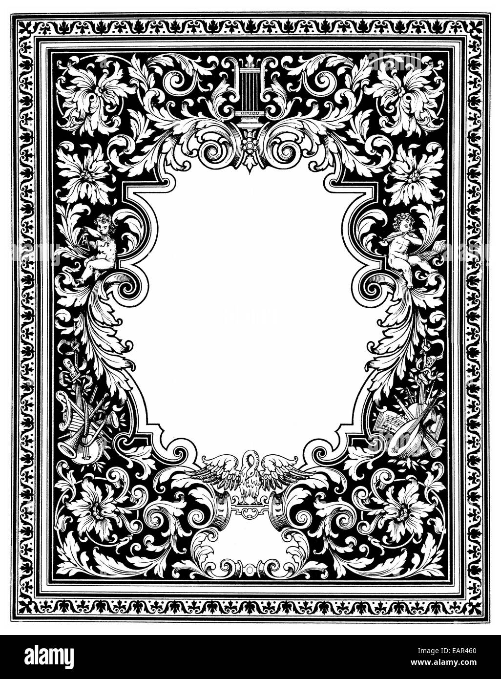 Graphical decorative border with allegorical musical themes, Schmuckrahmen mit allegorischen Musikmotiven Stock Photo