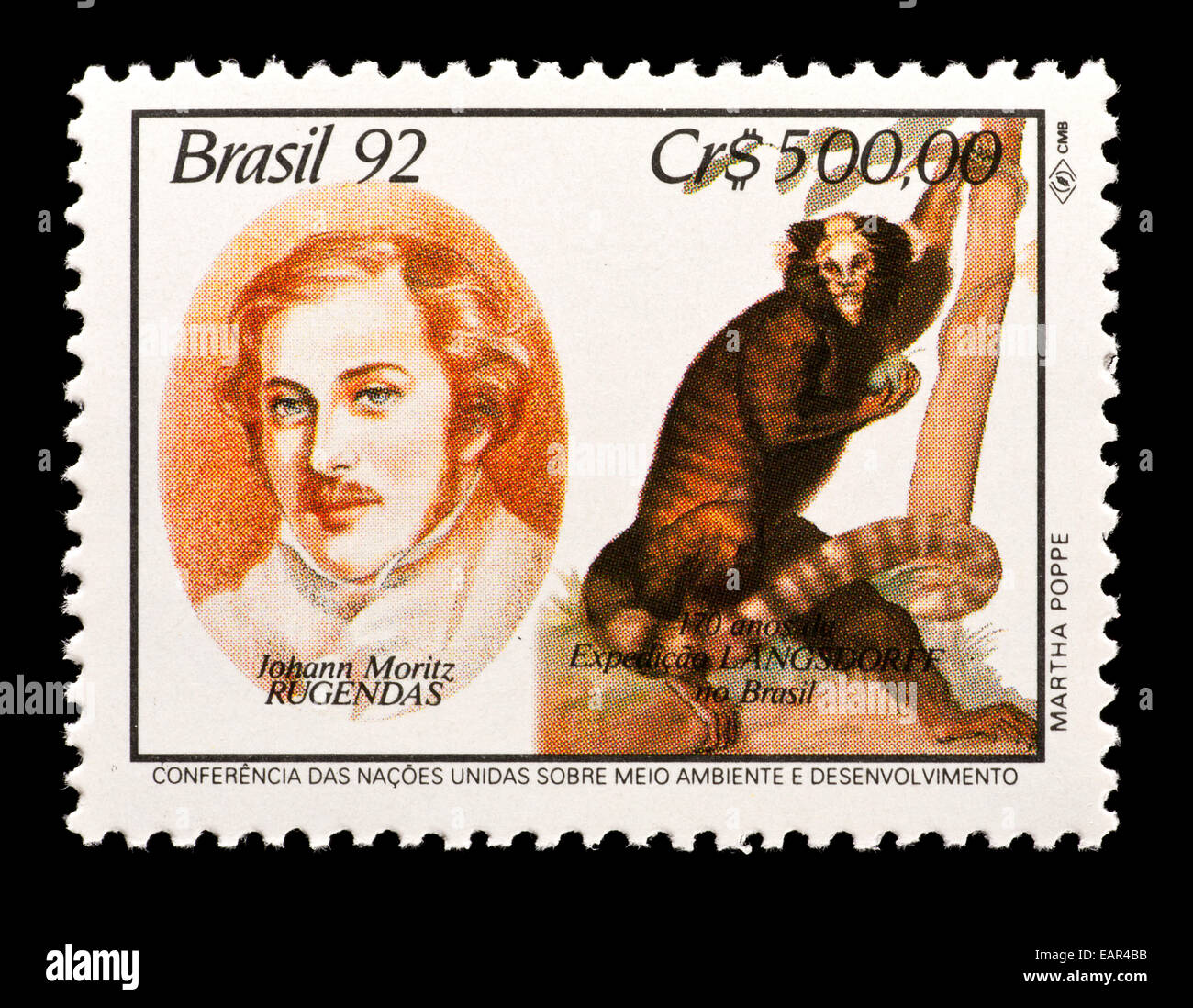 Postage stamp from Brazil depicting Johann Moritz Rugendas and a monkey. Stock Photo