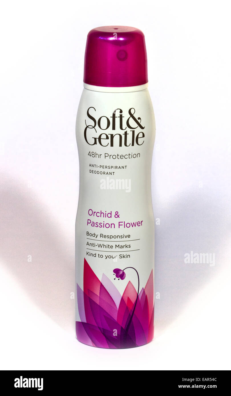 Soft and Gentle Orchid and Passion Flower Anti-Perspirant Deoderant Compressed Aerosol Stock Photo