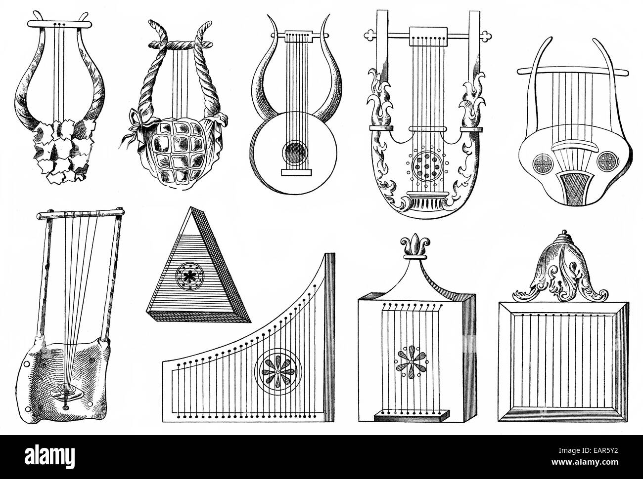 various forms of the lyre, ancient string instruments from ancient Greece, the Roman Empire and Africa, verschiedene Formen der Stock Photo