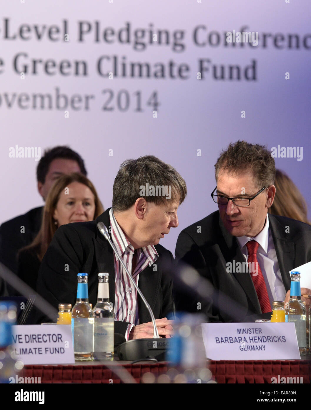 Berlin, Germany. 20th Nov, 2014. German Minister for the Environment, Nature Conservation and Nuclear Safety Barbara Hendricks (SPD) and German Minister of Economic Cooperation and Development Gerd Mueller (CSU) open the meeting of the Green Climate Fund (GCF) in the Federal Ministry for Economic Cooperation and Development in Berlin, Germany, 20 November 2014. The purpose of the GCF is to decelerate the global warming through financing projects of climate protection. Photo: Rainer Jensen/dpa/Alamy Live News Stock Photo
