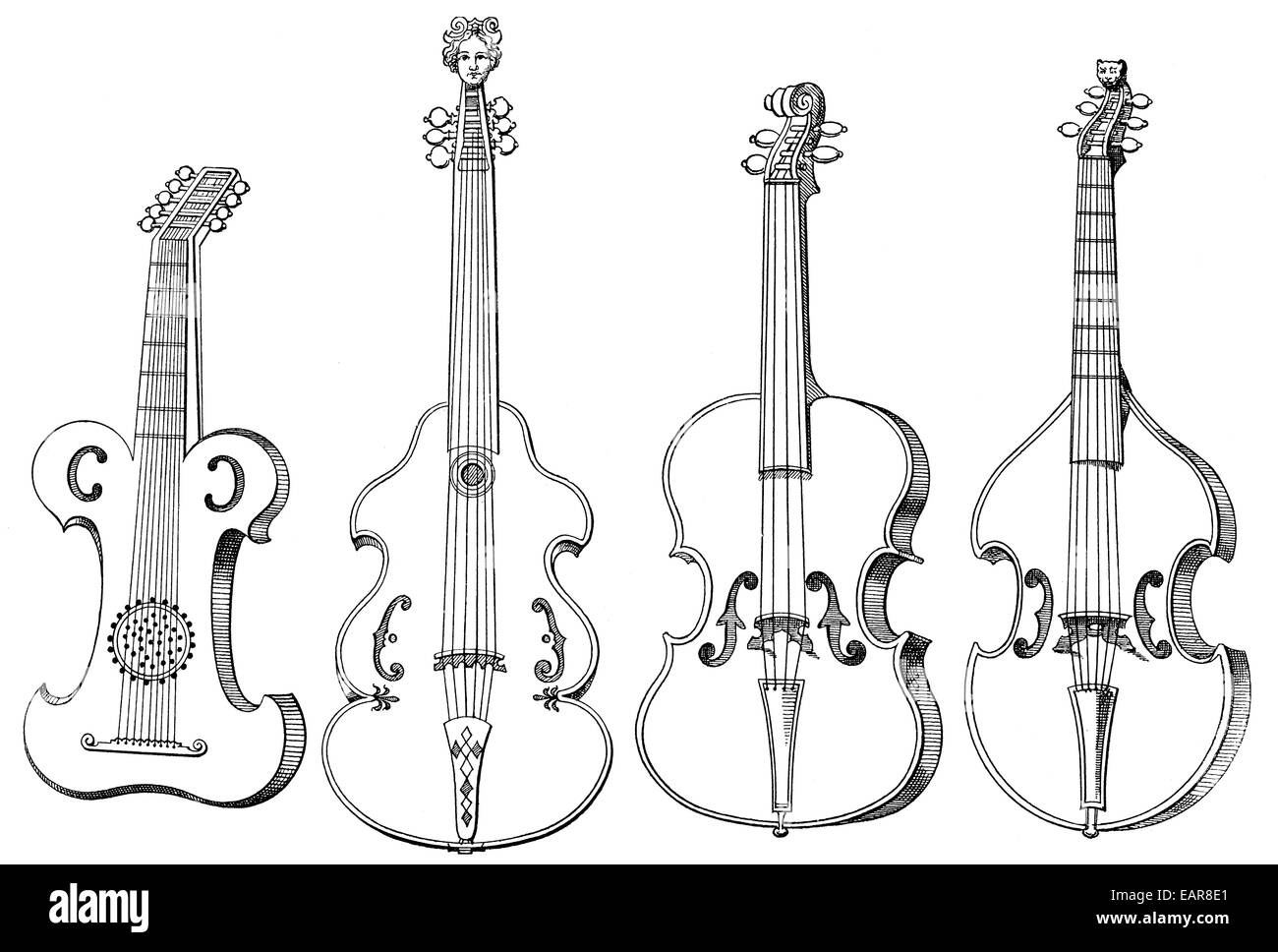 various stringed instruments, old forms of the violins, case-violin, viola da gamba, viola, 16th Century, verschiedene Streichin Stock Photo