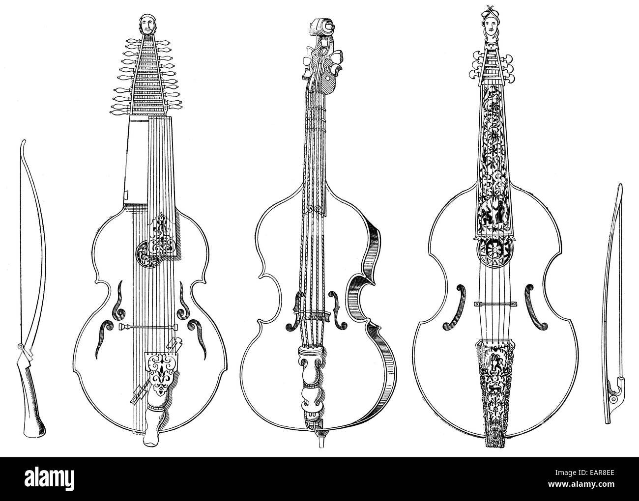 various stringed instruments, old forms of the violin, case-violin, viola  da gamba, brass fiddle, viola bastarda, baryton, 16th Stock Photo - Alamy