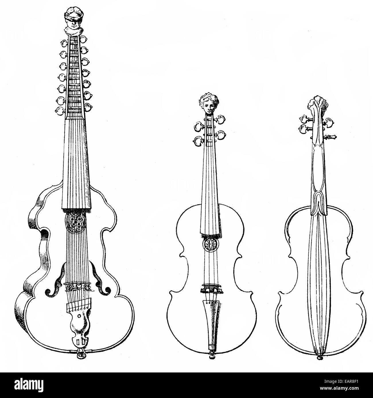 various stringed instruments, old forms of the violin, mute violin and love  violin or viola d'amore, 16th Century, verschiedene Stock Photo - Alamy