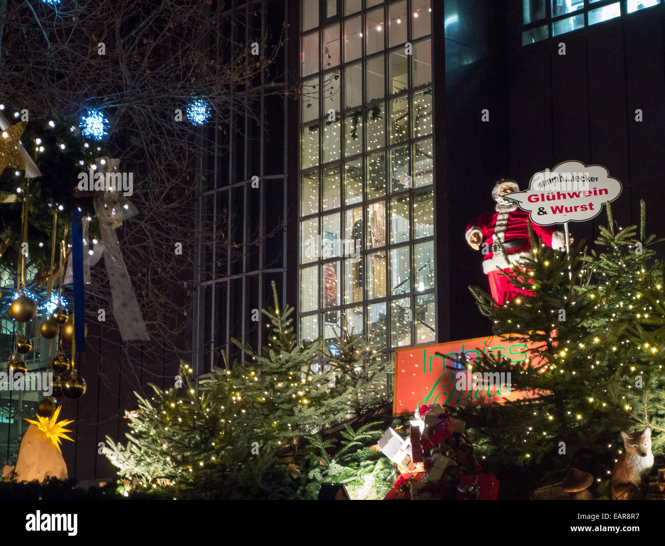Santa Claus selling mulled wine and sausages in Stuttgart, Germany