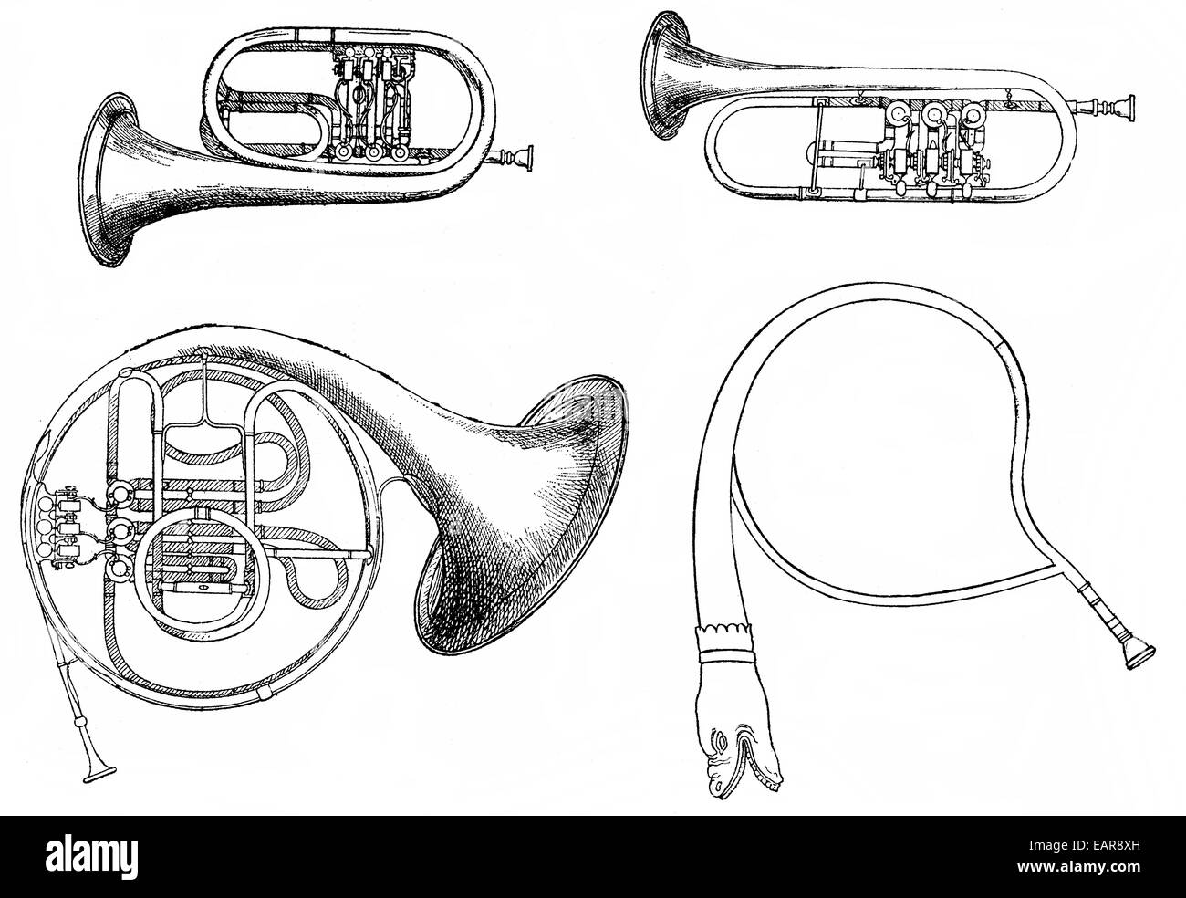 various forms of old brass instruments, French horn, hunting horn, war-horn , verschiedene Formen von alten Blechblasinstrumente Stock Photo