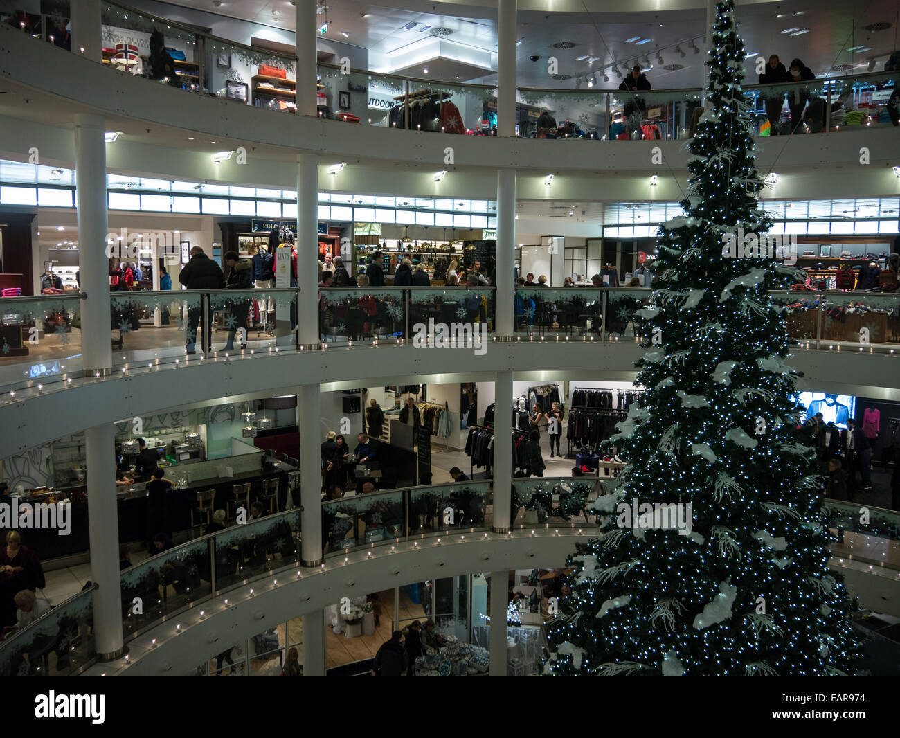 A large Christmas tree inside a shopping mall in Stuttgart, Germany ...