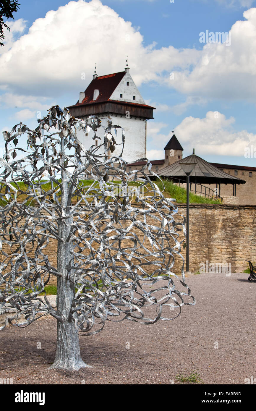 Wedding tree. Narva, Estonia. The wedding day attach leaflets with the names. Stock Photo