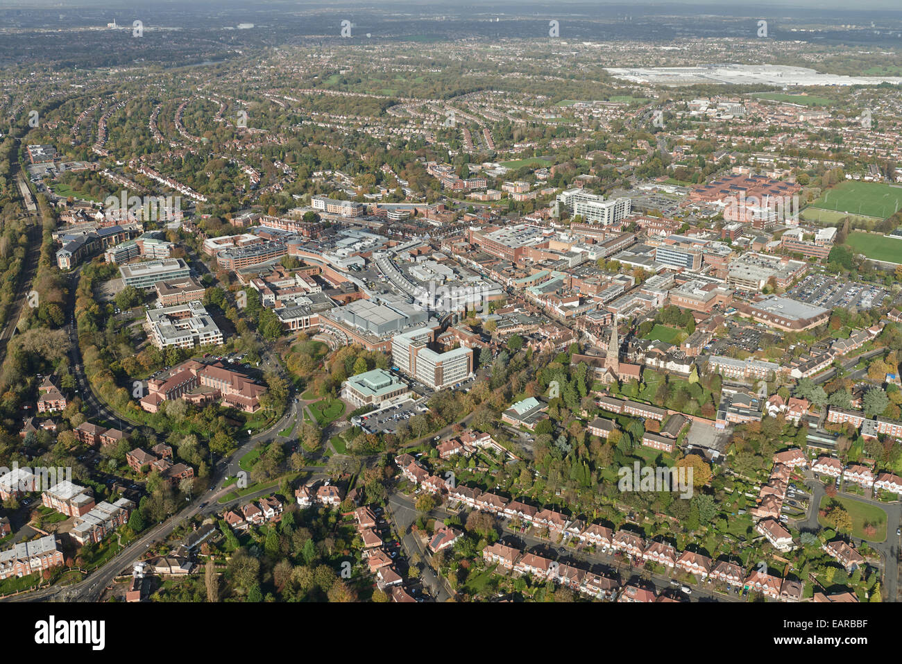 An aerial view of the centre of Solihull, a town in the West Midlands