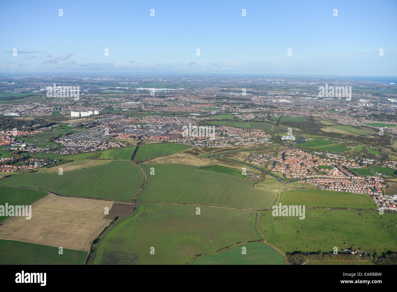 An aerial view of the countryside and coastline of County Durham with Sunderland visible Stock