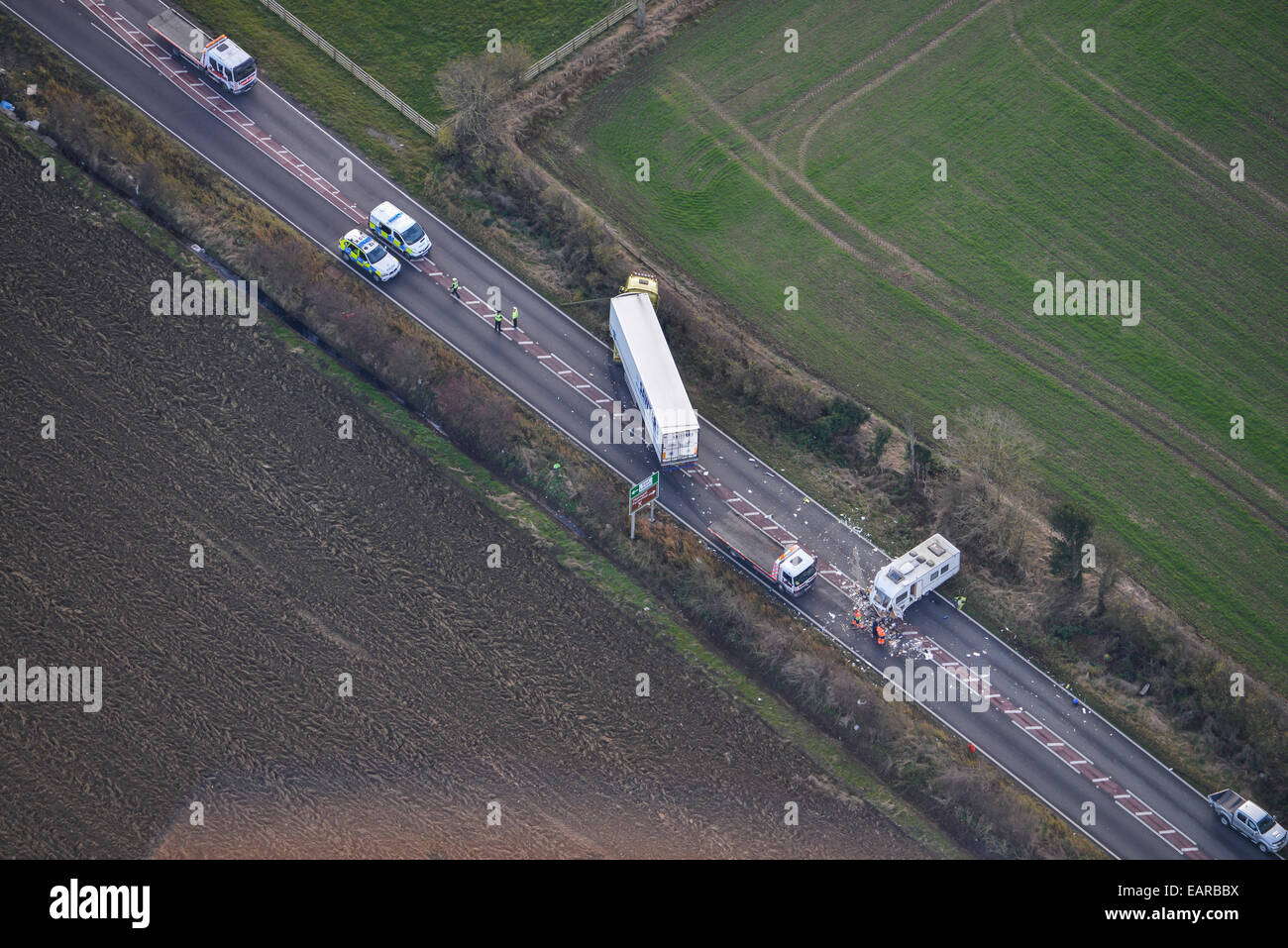 An aerial view of a road accident involving a caravan and an HGV Stock Photo