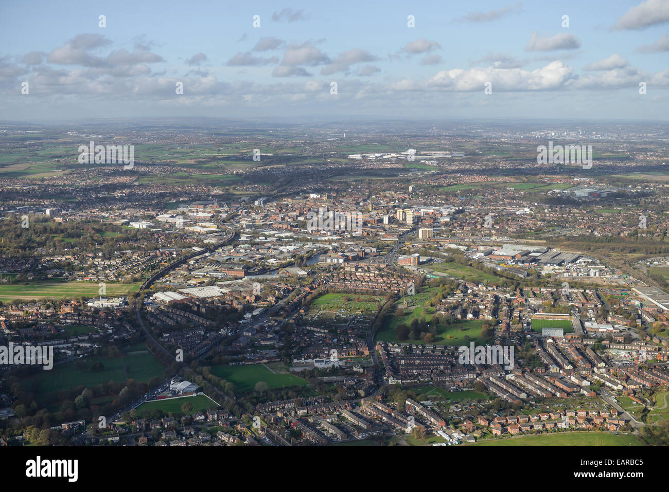 A wide aerial view looking towards the centre of the West Yorkshire town of Wakefield Stock Photo