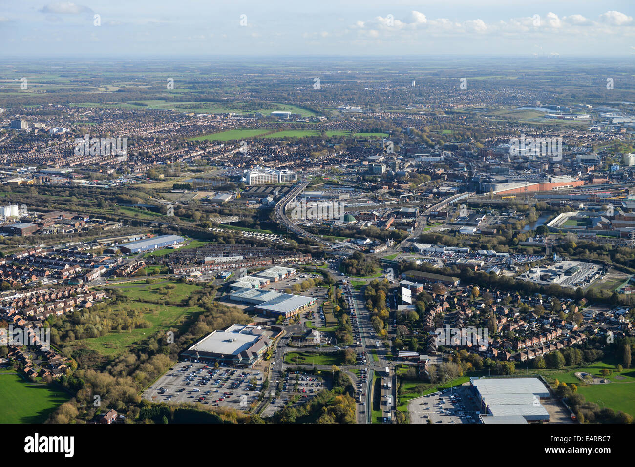 A wide aerial view looking towards the centre of the South Yorkshire town of Doncaster Stock Photo