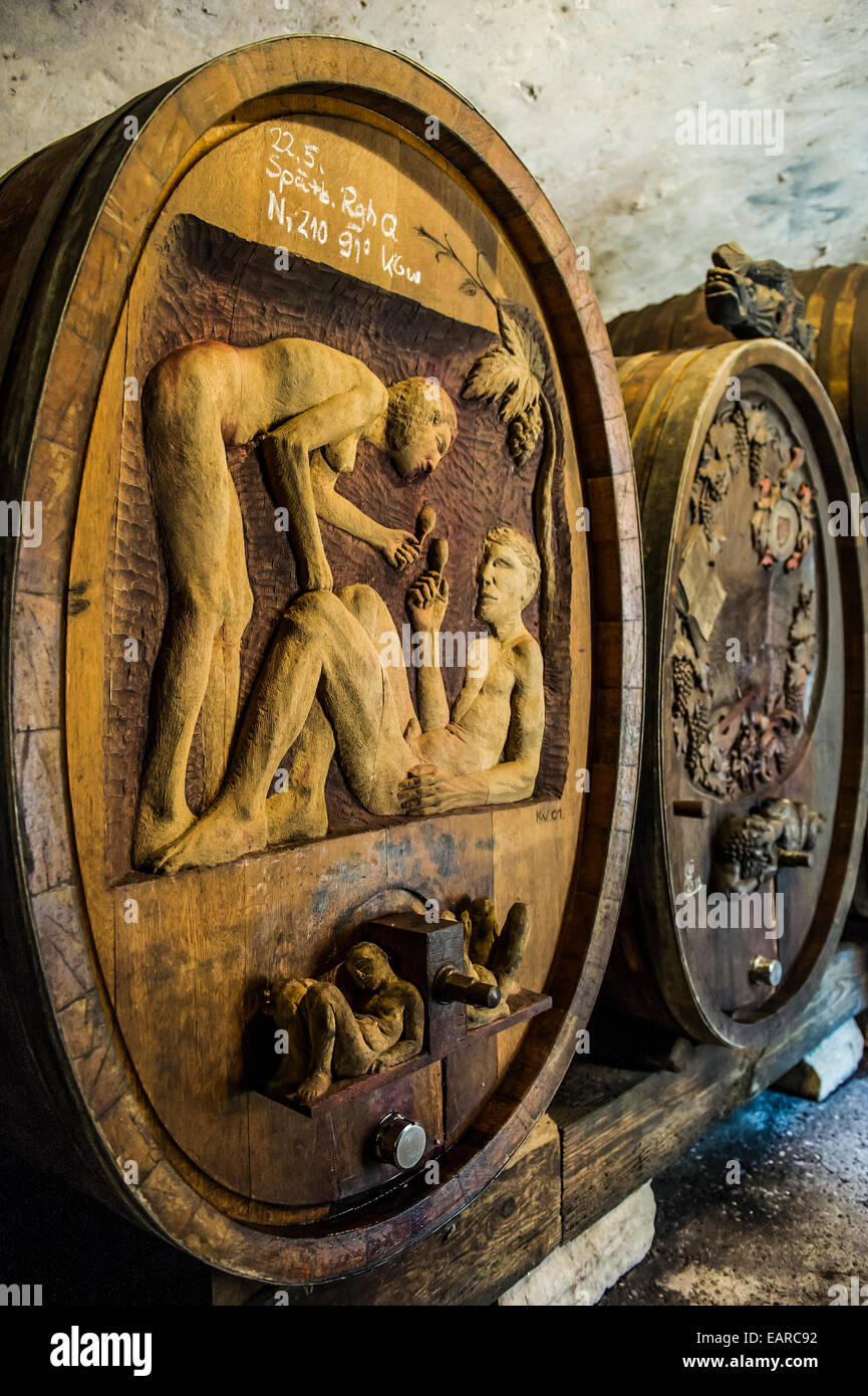 Ornately carved wine barrels, Germany Stock Photo