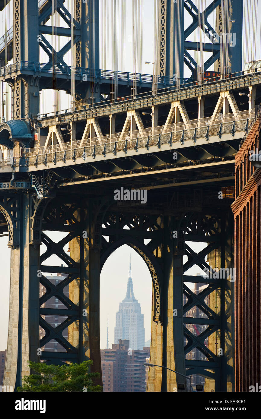 Manhattan Bridge and the Empire State Building, Manhattan, New York City, New York, United States Stock Photo