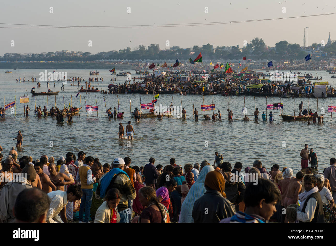 Boats to ship people to the Sangam, the confluence of the rivers Ganges, Yamuna and Saraswati, during Kumbha Mela, Allahabad Stock Photo