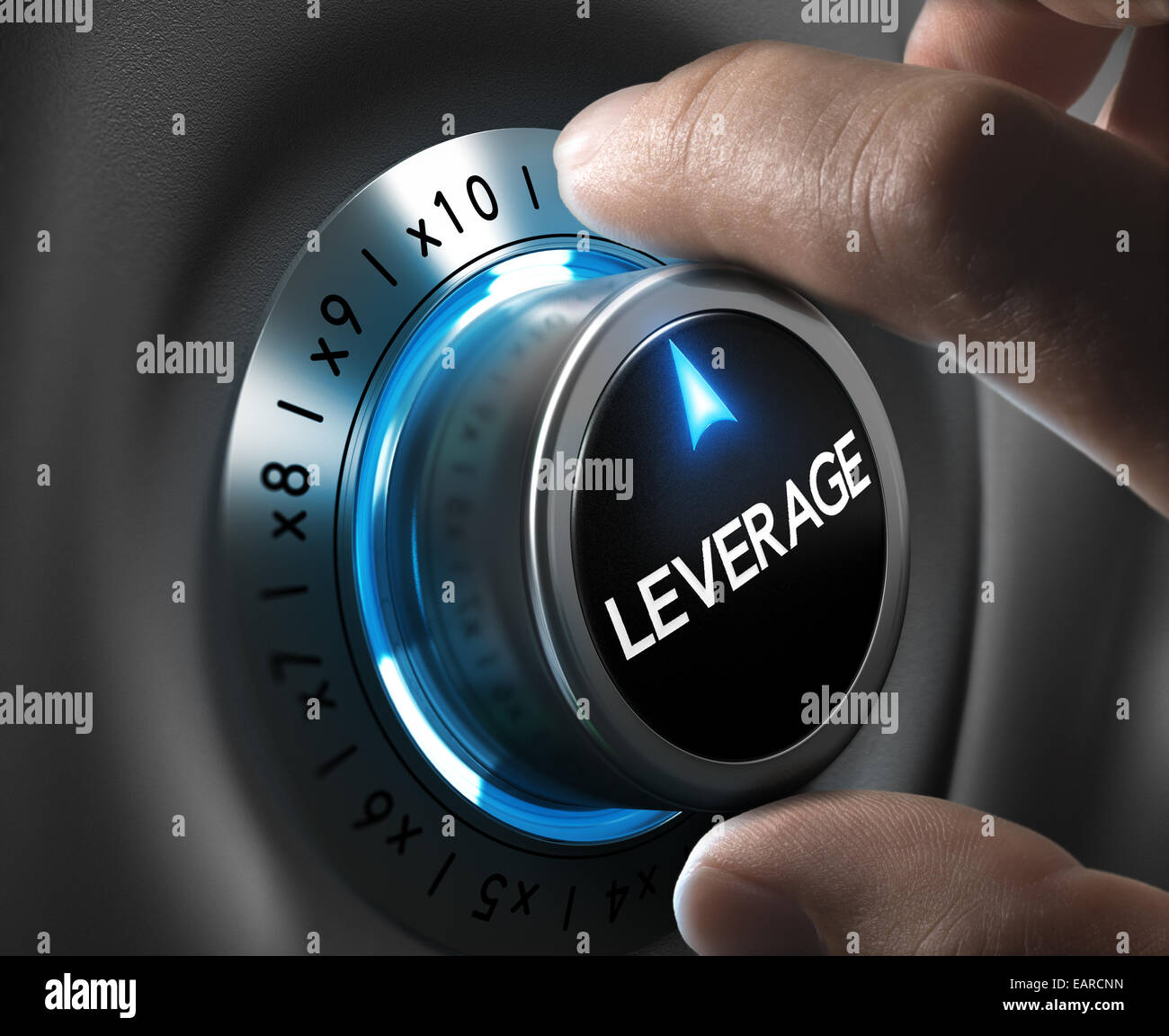Leverage button pointing x10 position with two fingers, blue and grey tones, Conceptual image for day trading strategy. Stock Photo