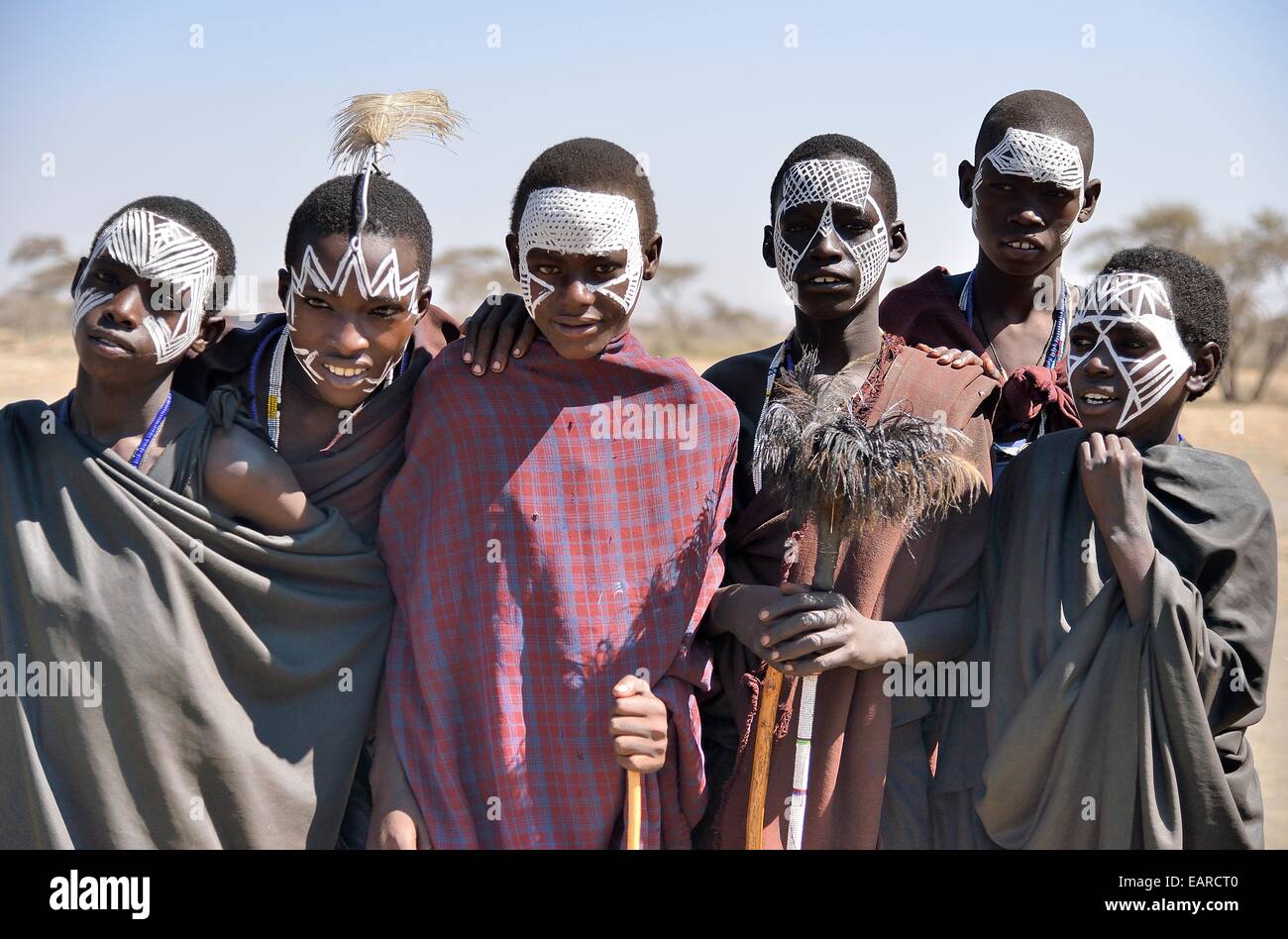 Young Maasai warriors, Ngorongoro Conservation Area, Ndema, Tanzania Stock Photo