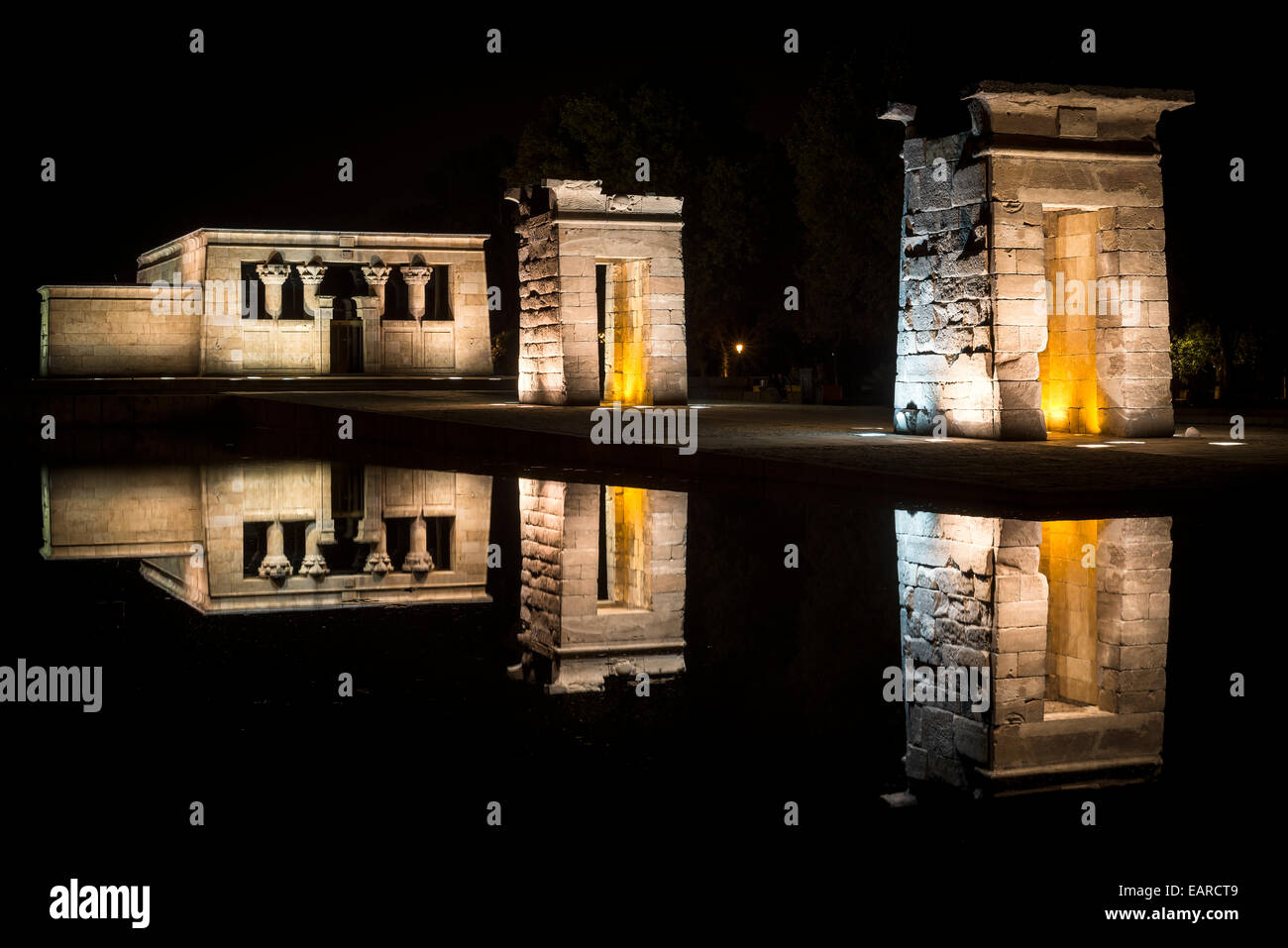 Debod Temple at night with suggestive lights and reflections Stock Photo