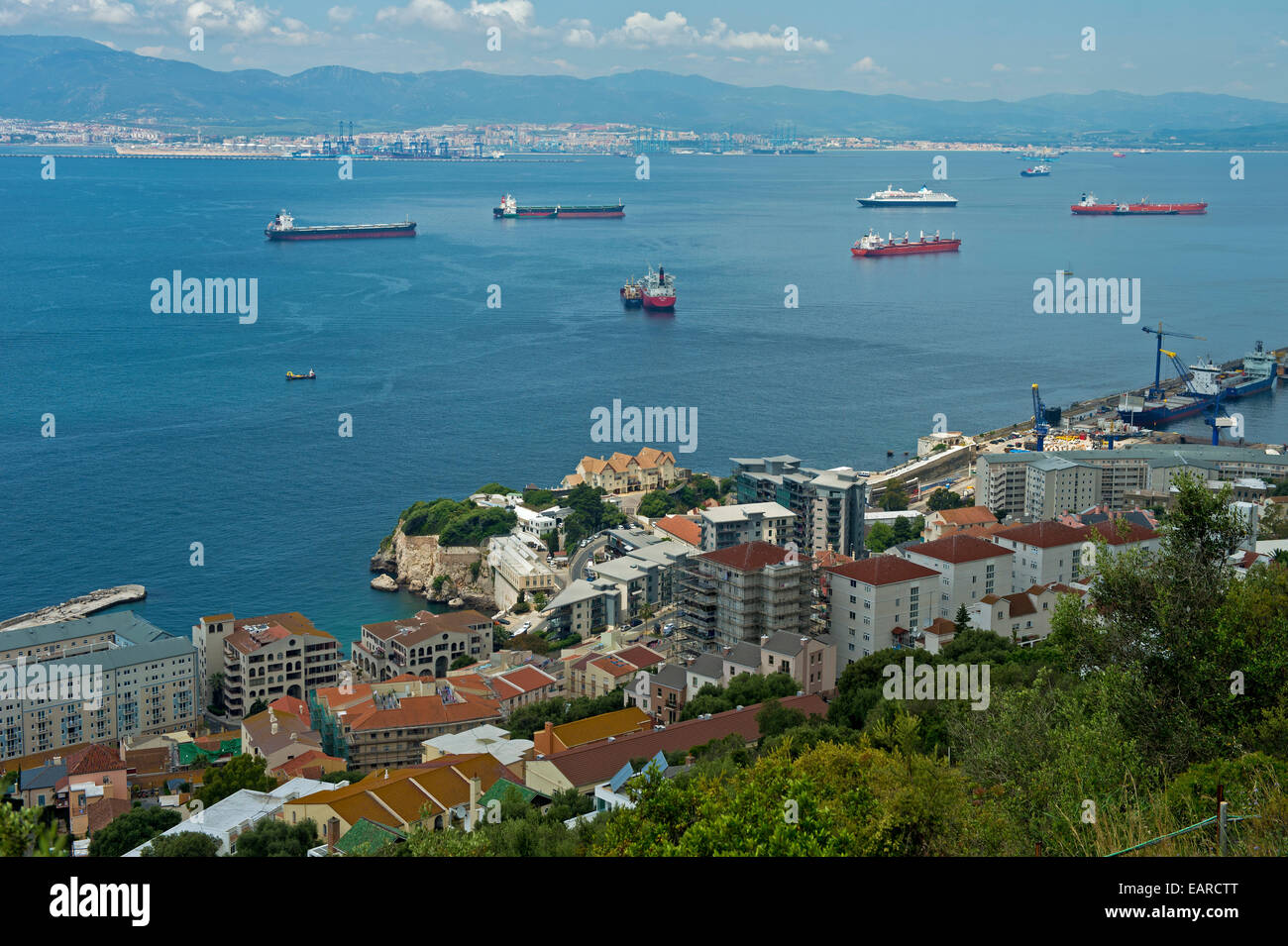 View over the roadstead in front of the harbor of Gibraltar and the Bay of Algeciras, Gibraltar, Gibraltar, United Kingdom Stock Photo