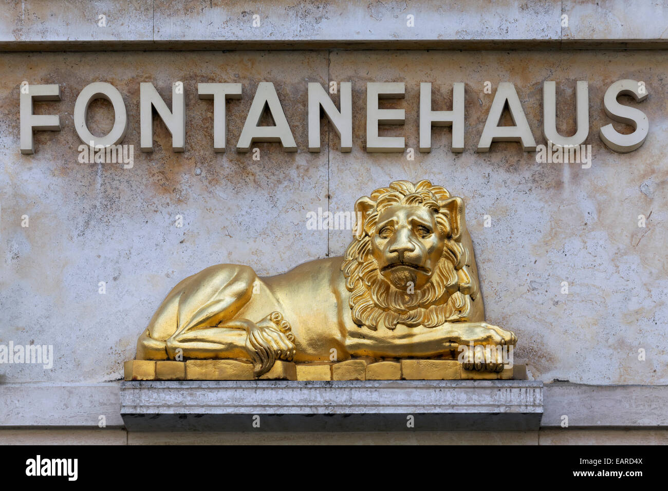 Golden lion and lettering 'Fontanehaus' at the birthplace of the writer Theodor Fontane, Neuruppin, Ostprignitz-Ruppin Stock Photo