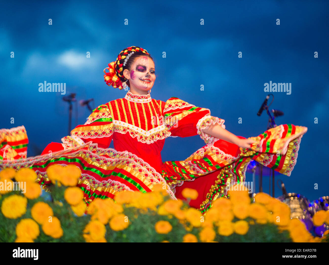 Traditional Mexican dancer perform at the Dia De Los Muertos celebration in Coachella , California Stock Photo