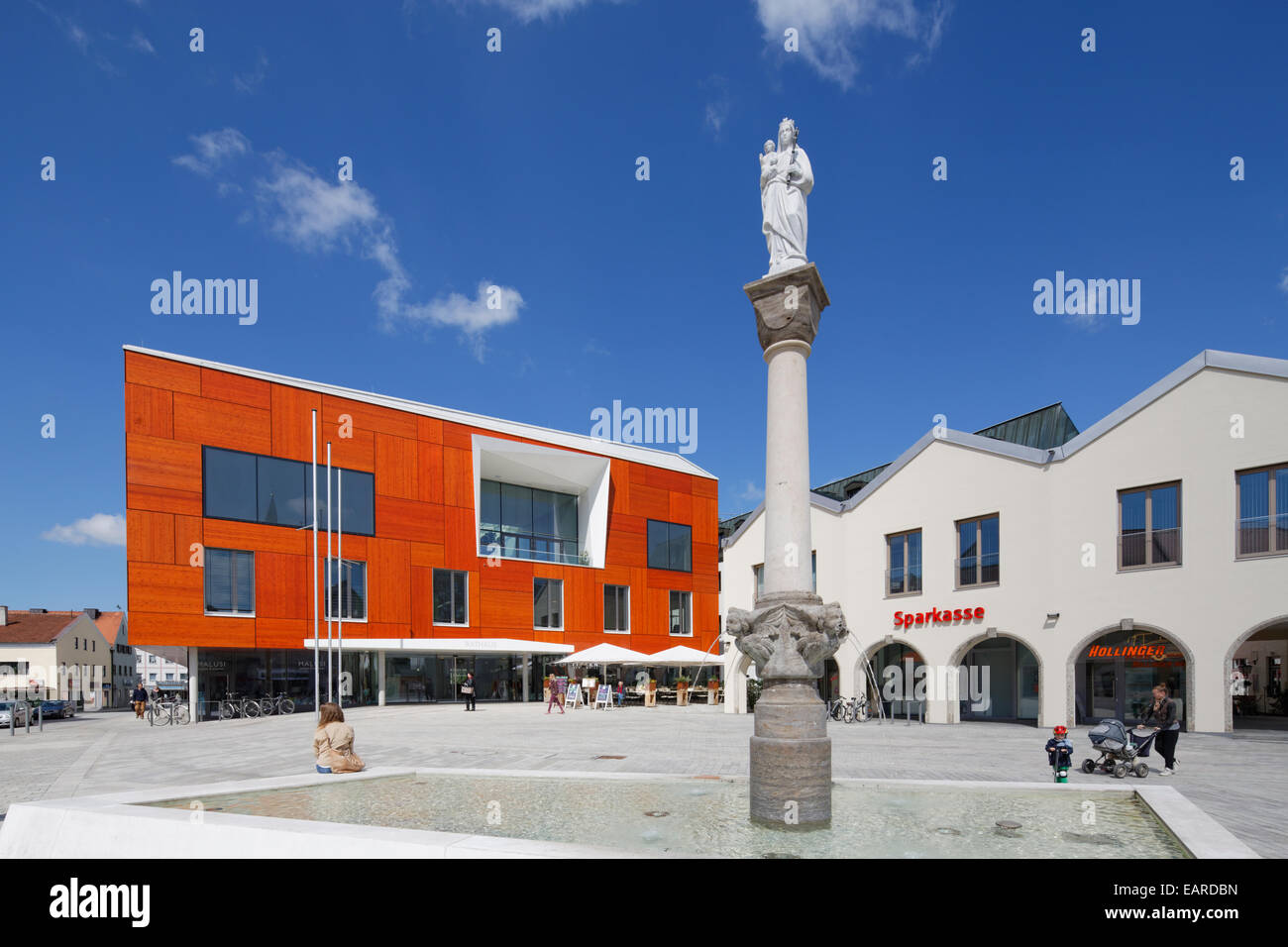 Town hall and Marian column, Marienplatz square, Bad Aibling, Upper Bavaria, Bavaria, Germany Stock Photo