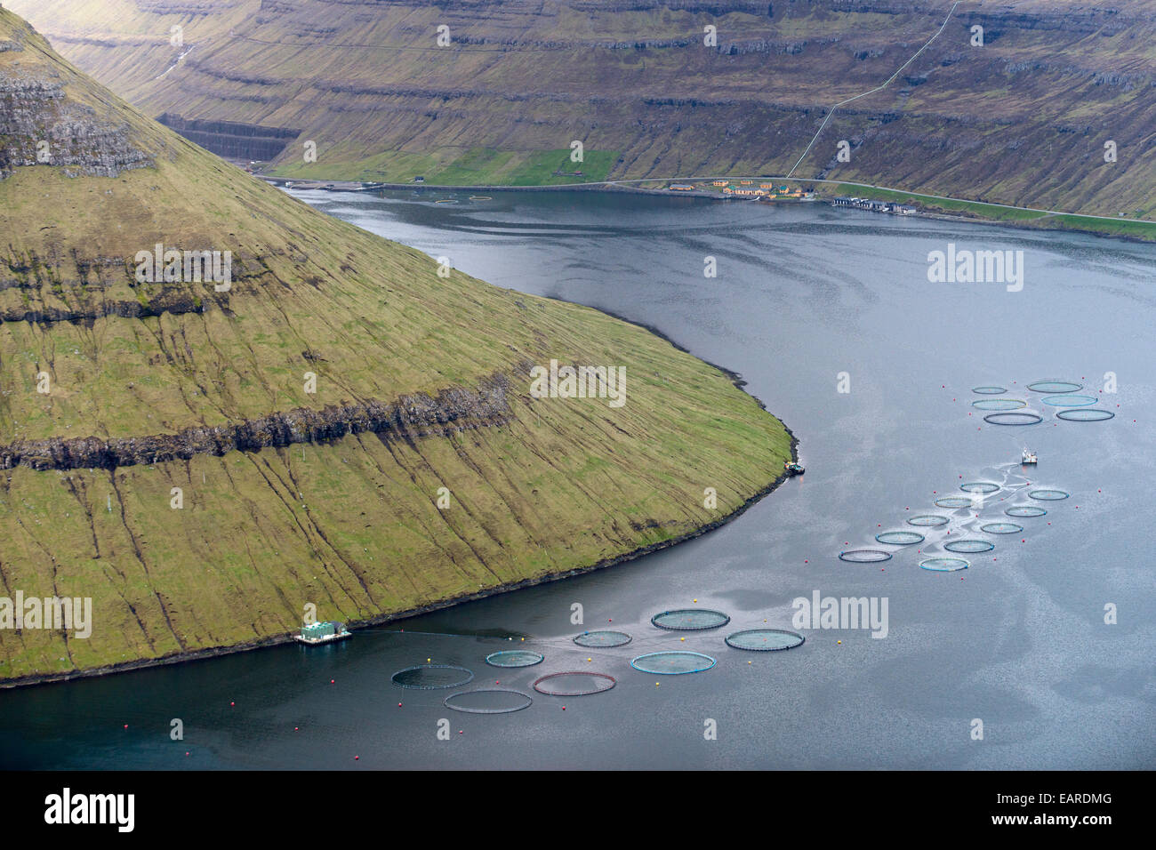 Fjord, fish farm, Klaksvik, Borðoy, Norðoyar, Faroe Islands, Denmark Stock Photo