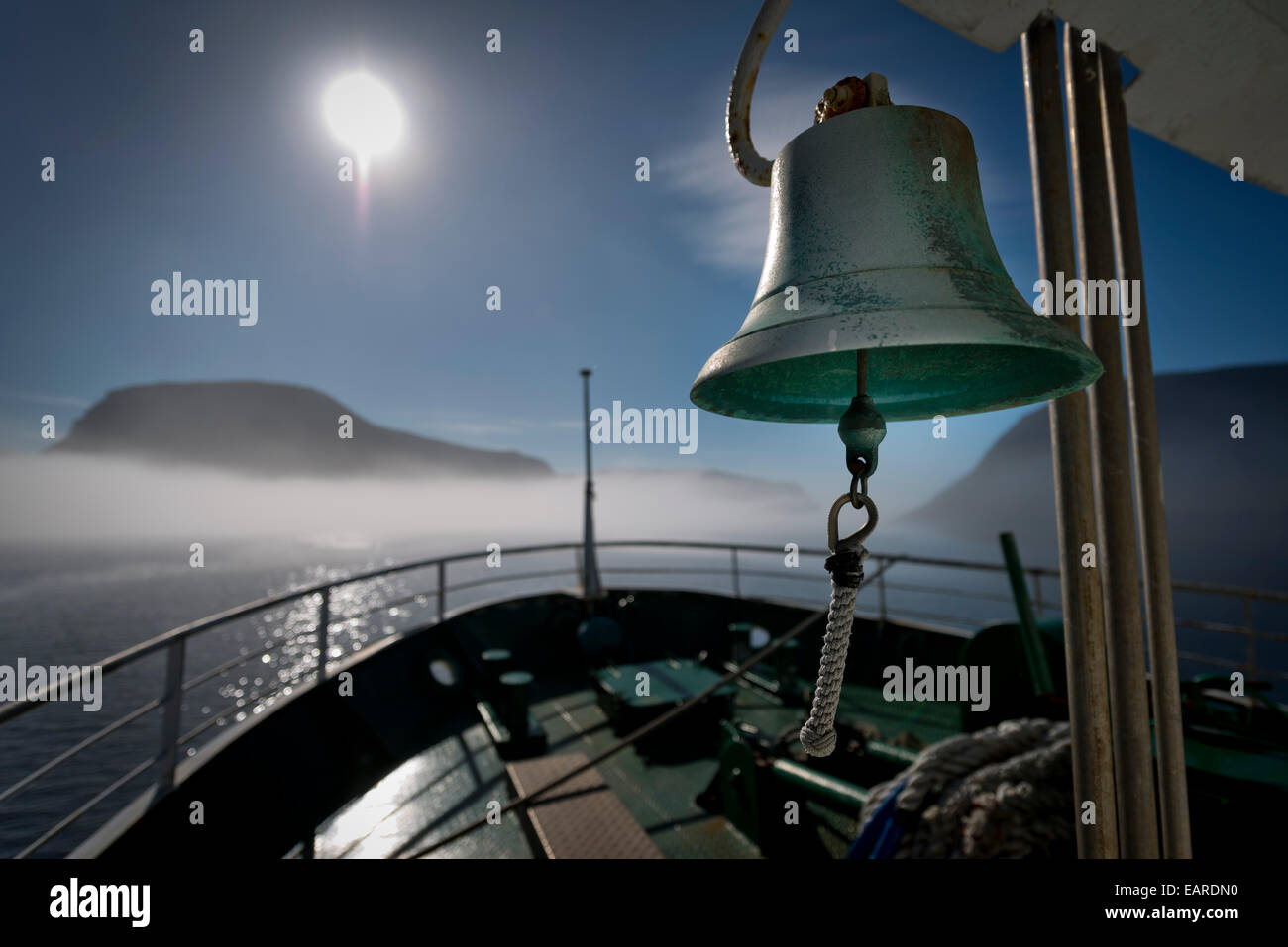 Bell on the ferry to Fugloy, Hvannasund, Viðoy, Norðoyar, Faroe Islands, Denmark Stock Photo