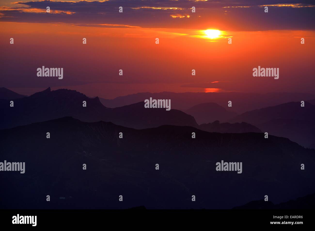 Sunset over the Allgaeu Alps, Lake Constance at the rear, Allgäuer Alpen, Tyrol, Austria Stock Photo