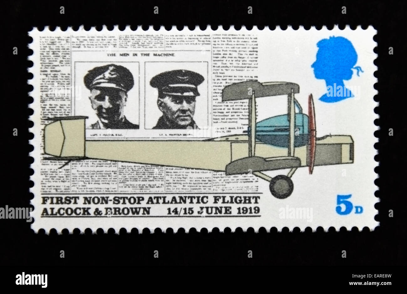 Postage stamp. Great Britain. Queen Elizabeth II. Anniversaries. 1969. First Non-stop Atlantic Flight, Alcock & Brown. Stock Photo