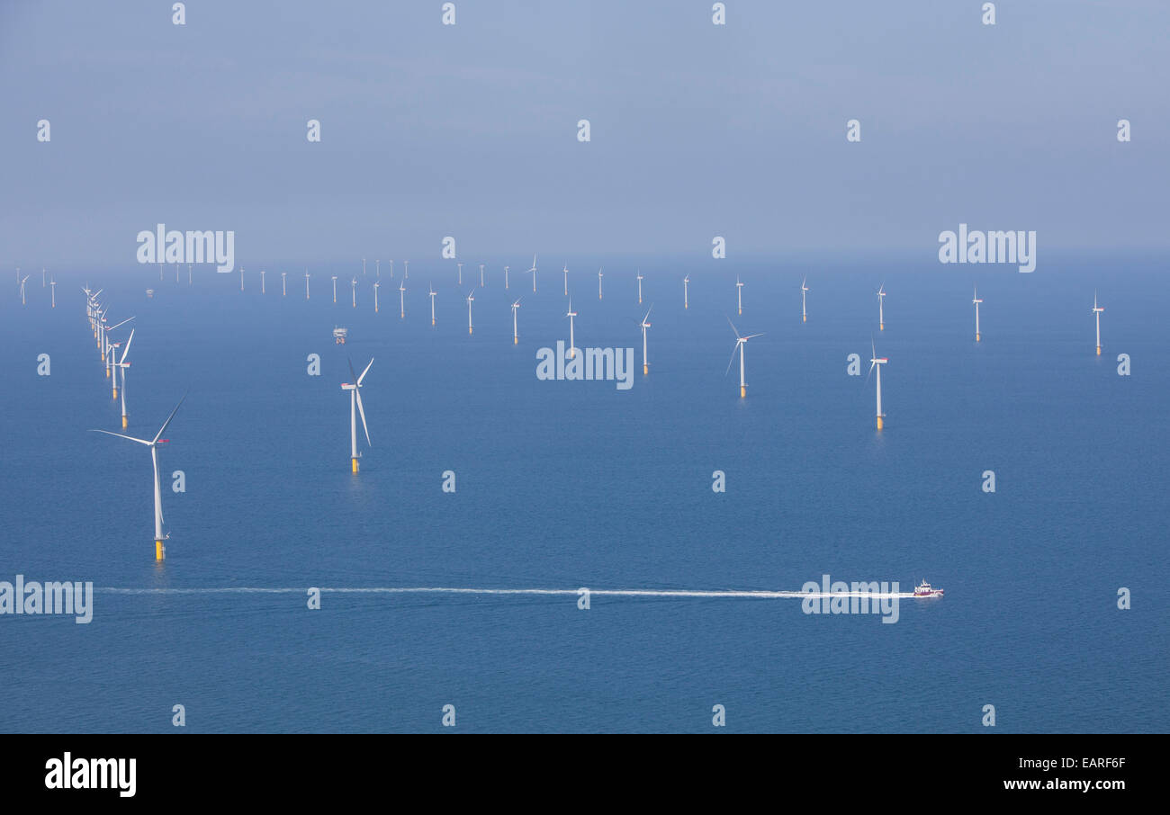 Wind turbines at the Scottish Power's offshore windfarm, West Of Duddon Sands in the Irish Sea off the coast of Cumbria. Stock Photo