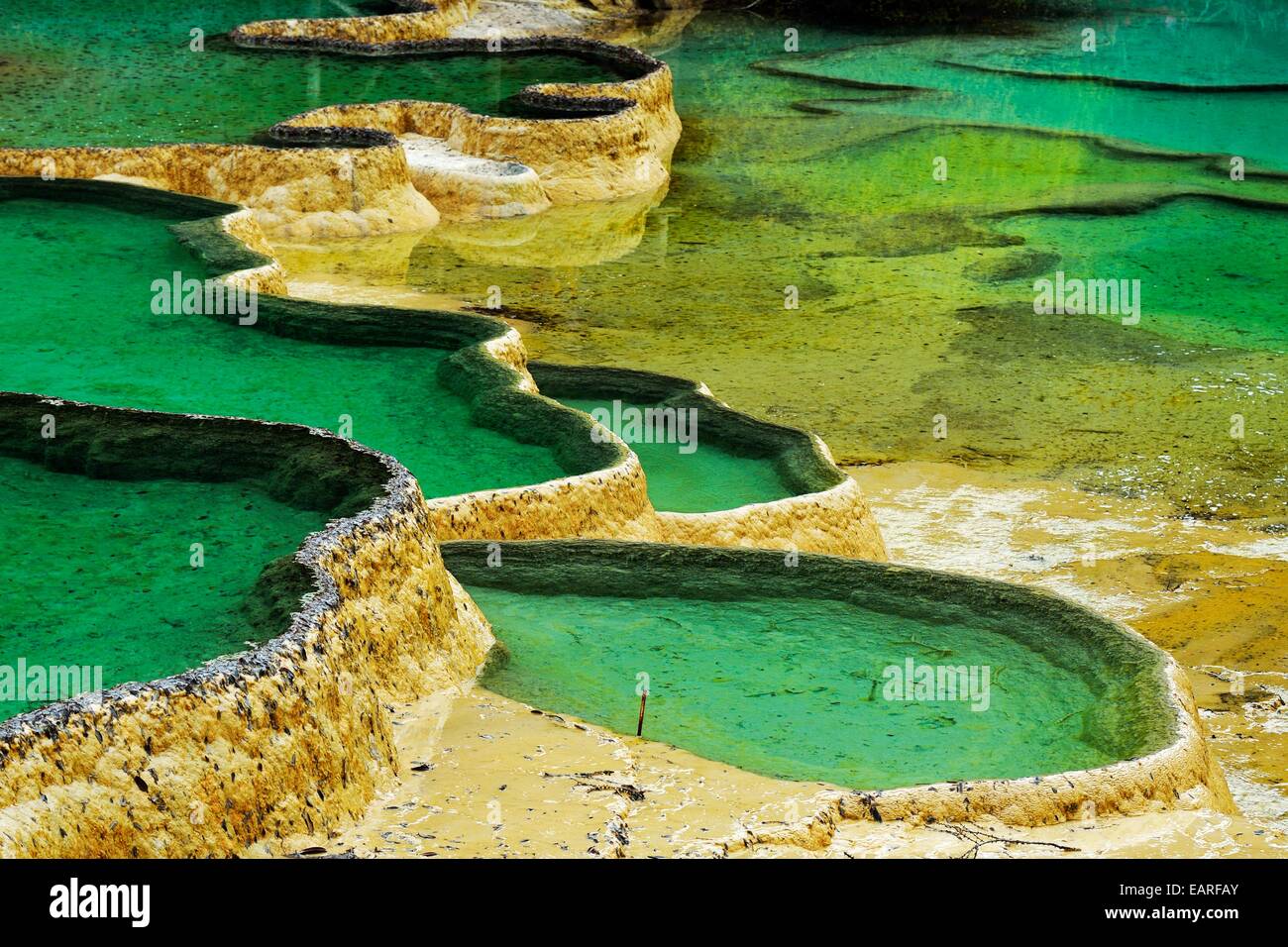 Lime terraces with lakes, Huanglong National Park, Sichuan Province, China Stock Photo